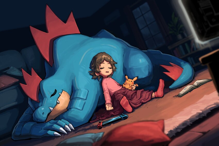 1girl, absurdres, blanket, blush_stickers, book, bookshelf, brown_hair, character_doll