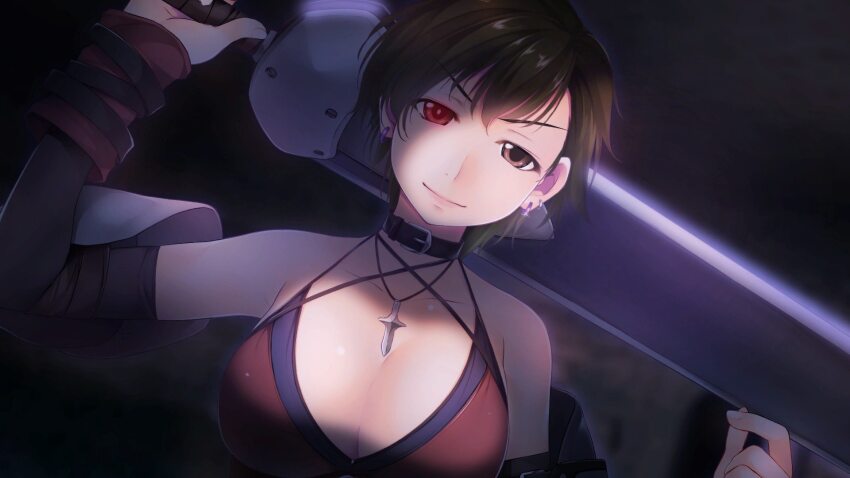 1girl, atelier-moo, bare_shoulders, bikini, breasts, brown_eyes, collar, detached_sleeves, dungeon, earrings, green_hair, hair_between_eyes, heterochromia, highres, holding, holding_sword, holding_weapon, jewelry, large_breasts, necklace, our_battle_has_just_begun!, red_eyes, short_hair, smile, solo, standing, swimsuit, sword, taylor_(our_battle_has_just_begun!), weapon