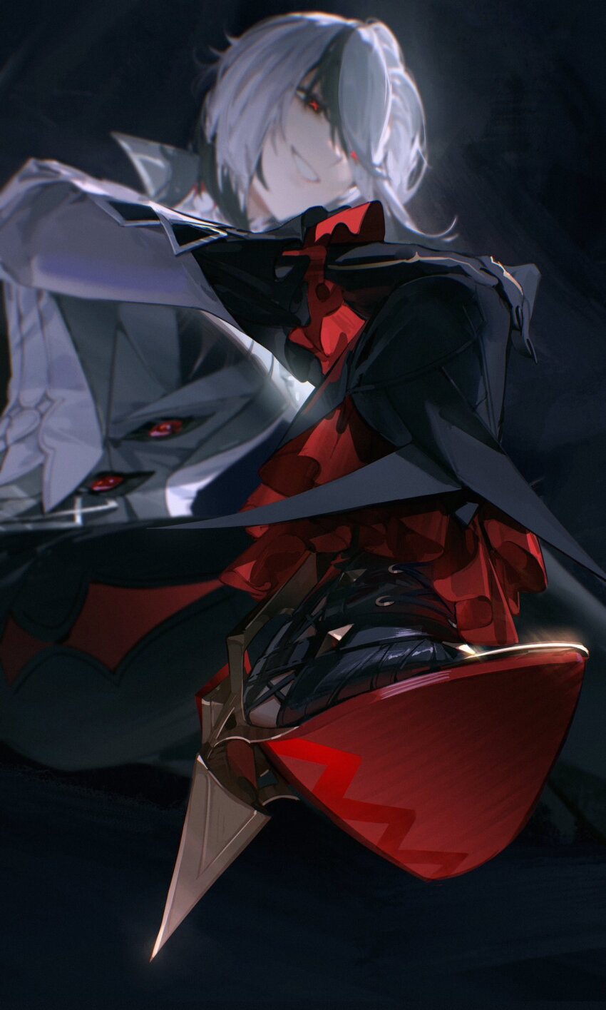 1girl, arlecchino_(genshin_impact), black_eyes, black_gloves, black_hair, black_shoes, breasts, collared_shirt