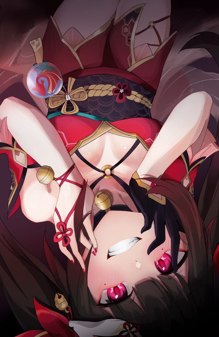 1girl, absurdres, bell, black_choker, black_gloves, black_hair, black_sash, blunt_bangs