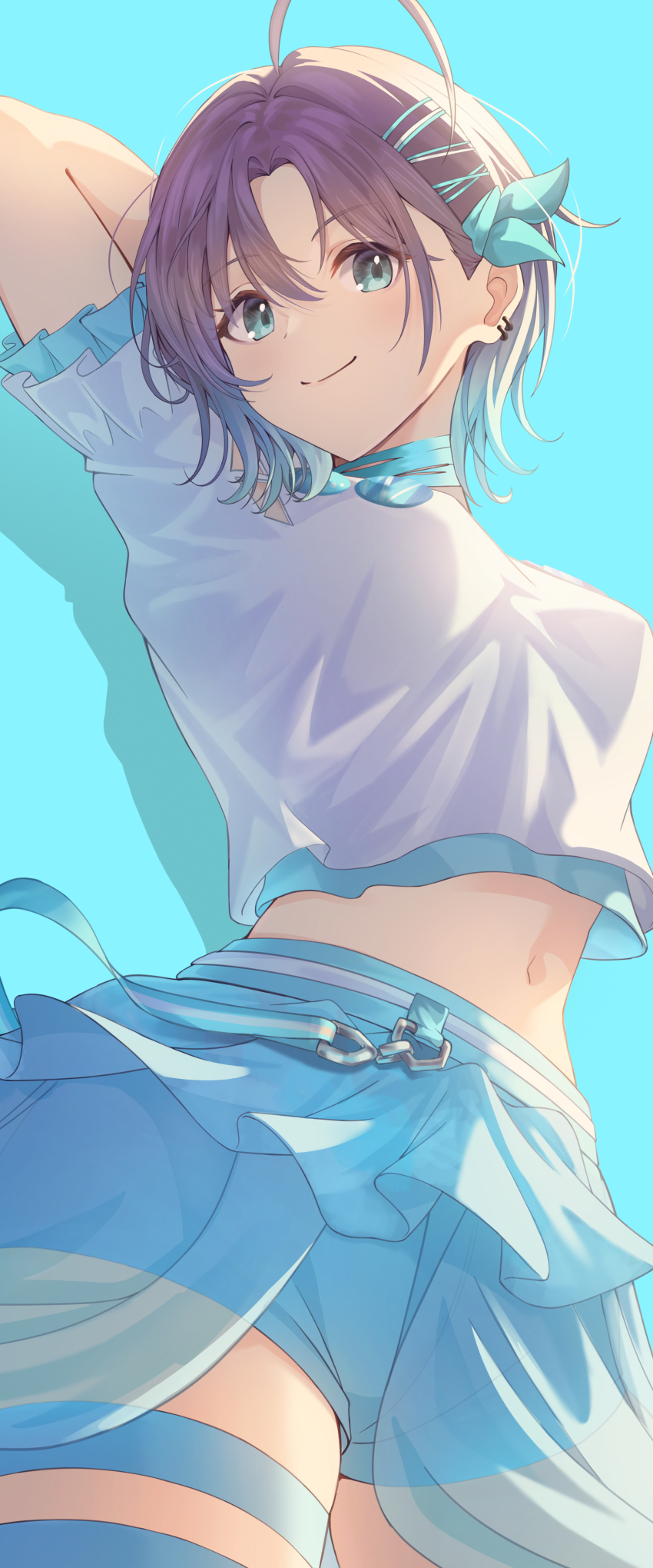 1girl, absurdres, ahoge, arm_behind_head, asakura_toru, blue_background, blue_shorts, blush