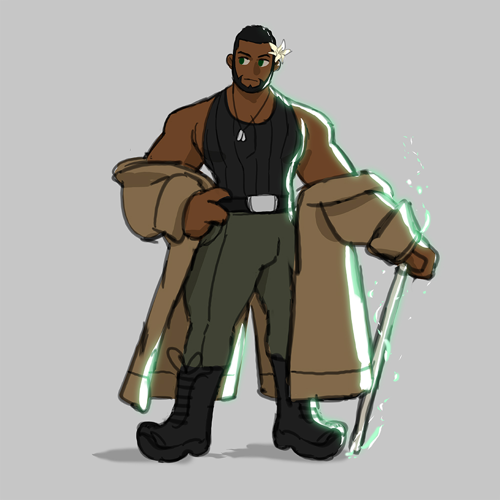 1boy, barret_wallace, beard, black_footwear, black_shirt, brown_coat, coat, dark-skinned_male