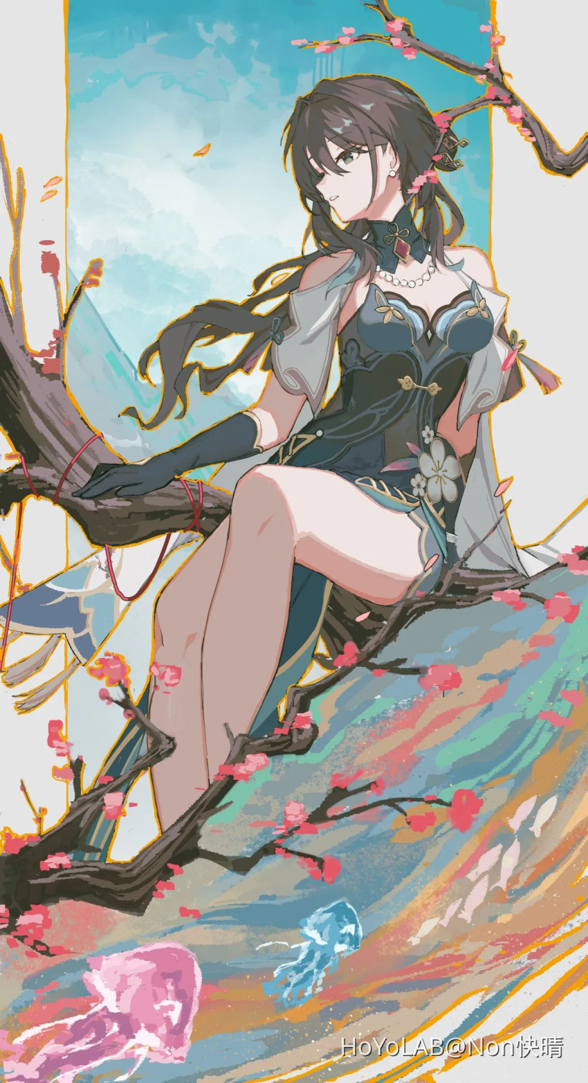 aqua_dress, aqua_eyes, bare_legs, bead_necklace, beads, black_gloves, black_hair, blue_sky, branch, chinese_clothes, chinese_knot, clothing_cutout, cloud, cloudy_sky, commentary, detached_collar, dress, elbow_gloves, floating_hair, flower, gloves, hair_intakes, highres, honkai:_star_rail, honkai_(series), hoyolab_username, jellyfish, jewelry, long_hair, looking_to_the_side, necklace, orange_outline, outline, pearl_necklace, pillarboxed, ruan_mei_(honkai:_star_rail), shoulder_cutout, sidelocks, sitting, sitting_on_branch, sky, solo, string, string_of_fate, tassel, watori_re, white_flower