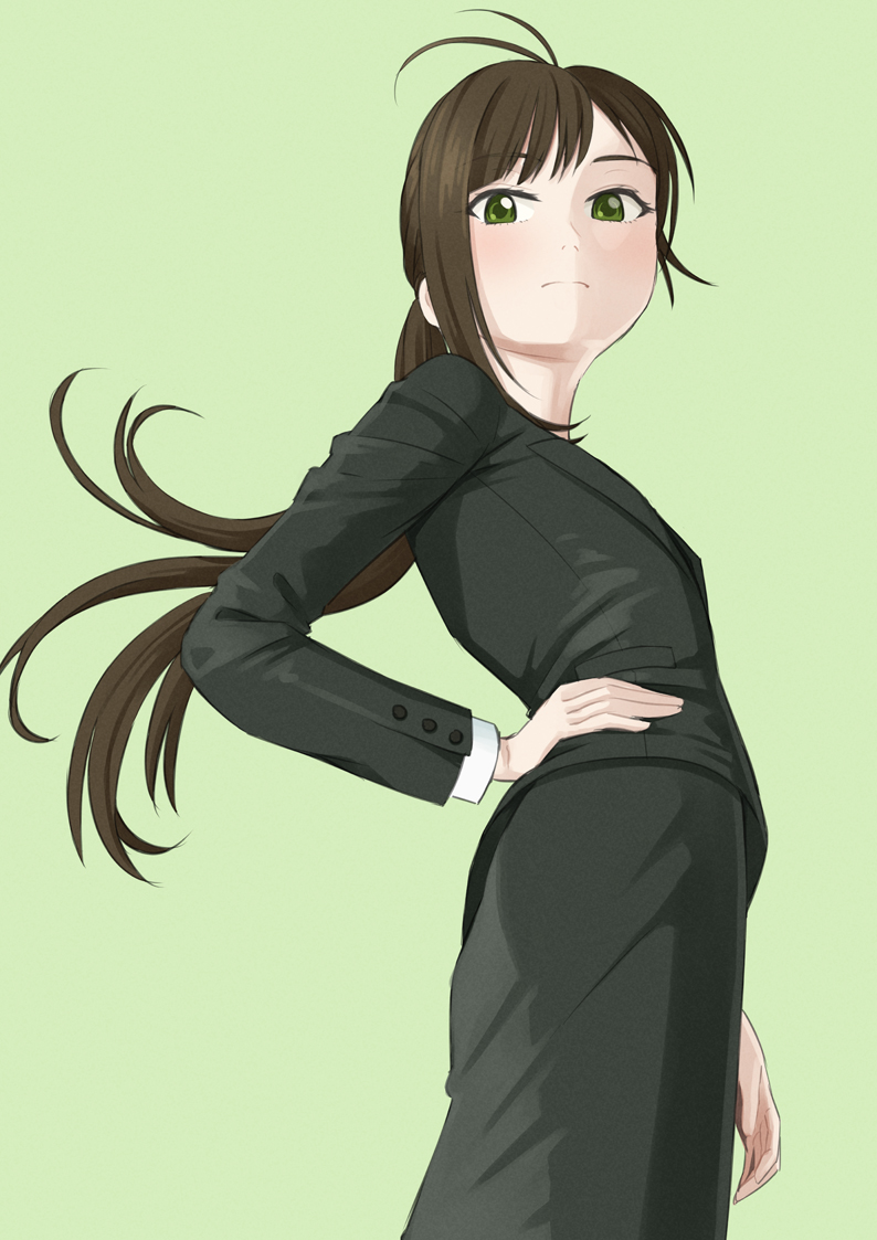 1girl, ahoge, black_shirt, brown_hair, dekiru_neko_wa_kyou_mo_yuuutsu, easy_(aqk7bdqt), frown, fukuzawa_saku