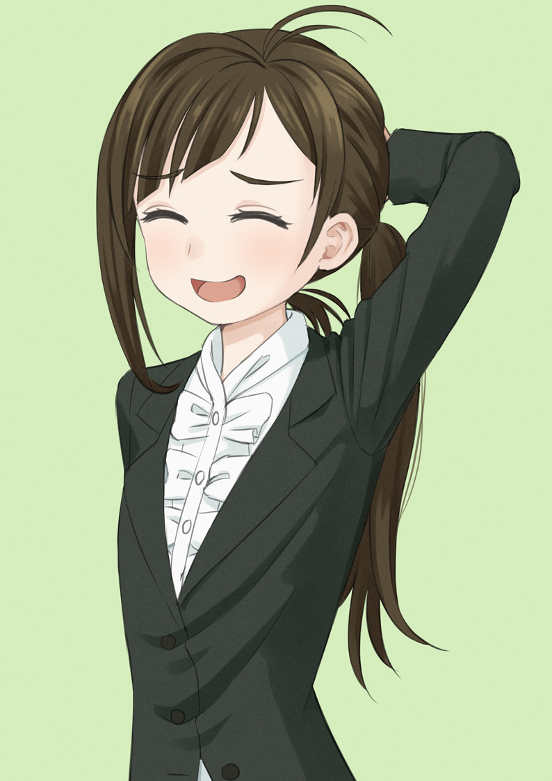 1girl, :o, arm_behind_head, arm_up, black_shirt, brown_hair, closed_eyes, dekiru_neko_wa_kyou_mo_yuuutsu