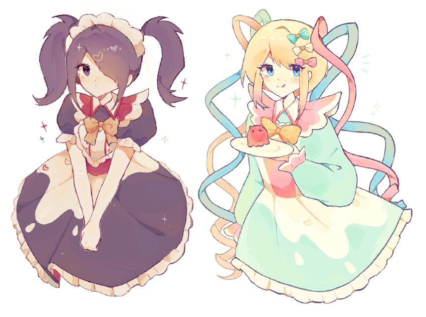 2girls, ame-chan_(needy_girl_overdose), black_dress, black_eyes, black_hair, blonde_hair, blue_bow, blue_dress