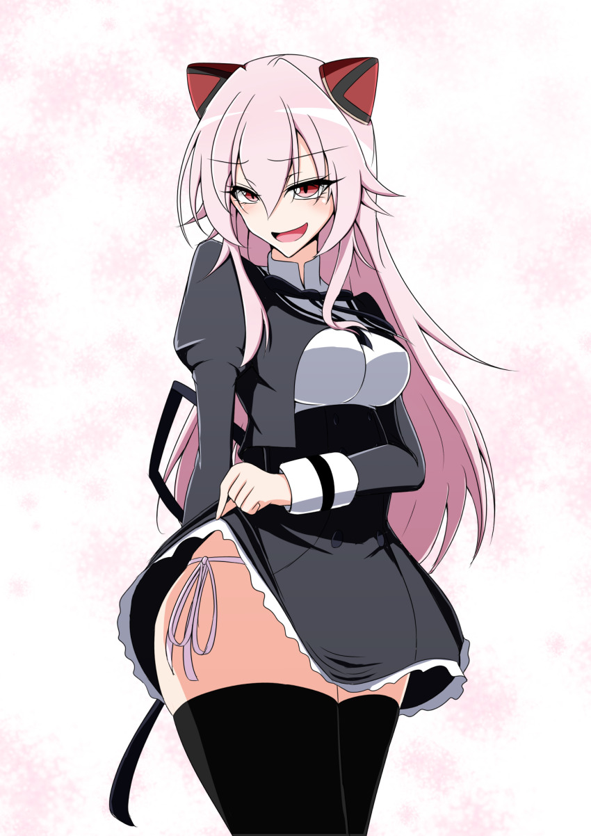 1girl, arm_behind_back, assault_lily, black_ribbon, black_skirt, black_thighhighs, blush, breasts