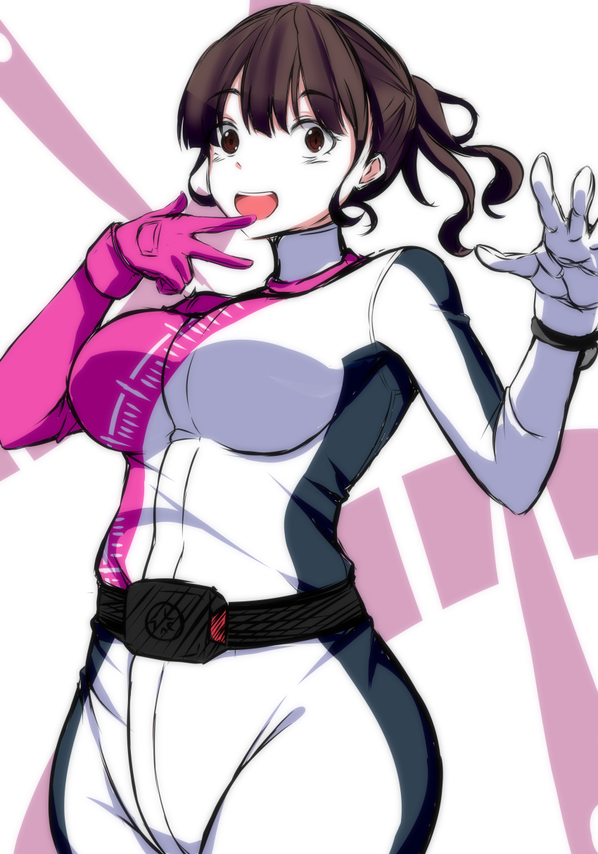 1girl, absurdres, bakuage_sentai_boonboomger, belt, bodysuit, breasts, brown_eyes, brown_hair