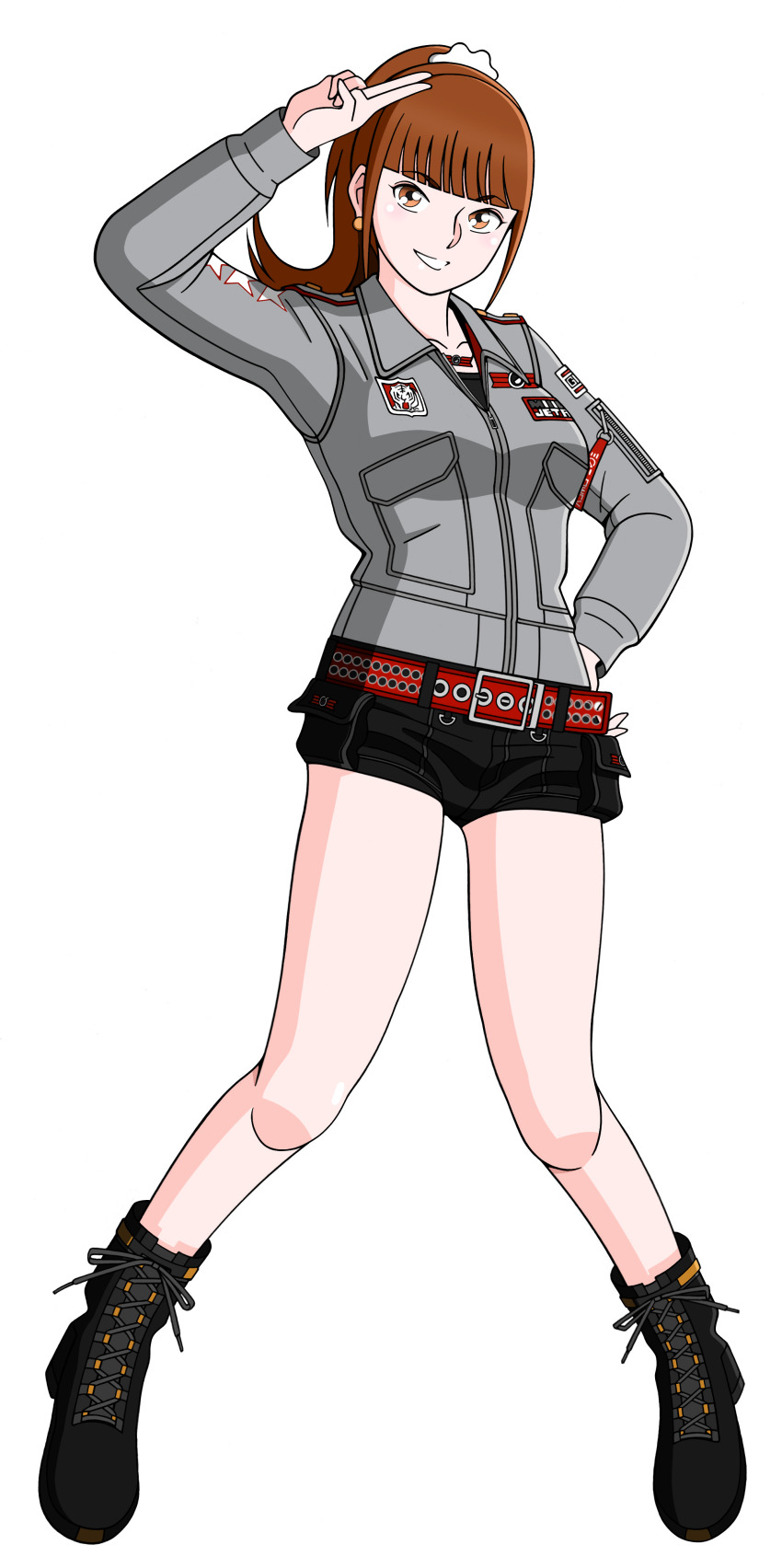 1girl, absurdres, brown_eyes, brown_hair, engine_sentai_go-onger, highres, jacket, miakesan(u9ad8u77e5)