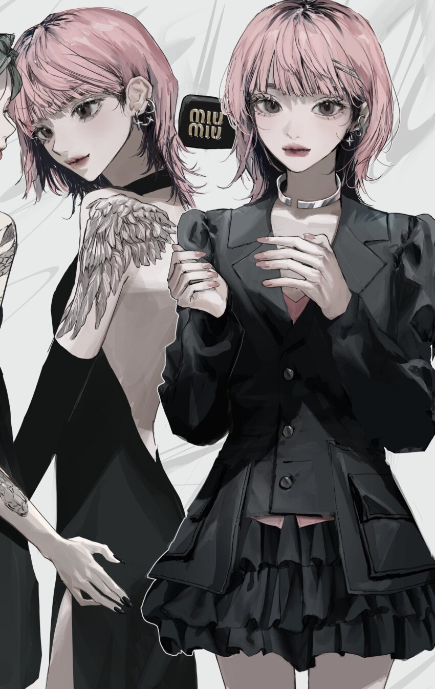 2girls, backless_dress, backless_outfit, bare_shoulders, black_dress, black_hair, black_jacket, black_skirt