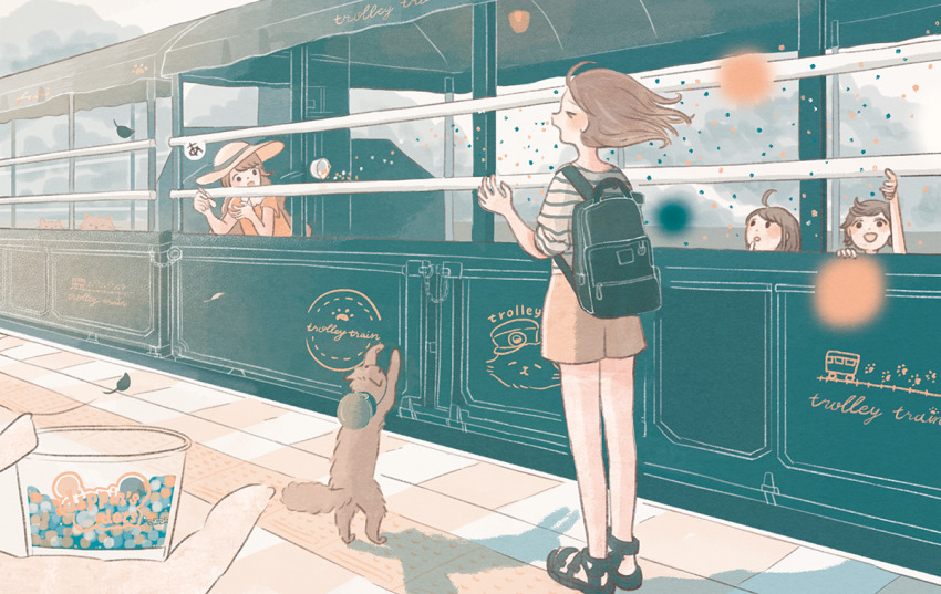 1other, 4girls, arm_up, backpack, bag, bare_legs, black_footwear, blurry