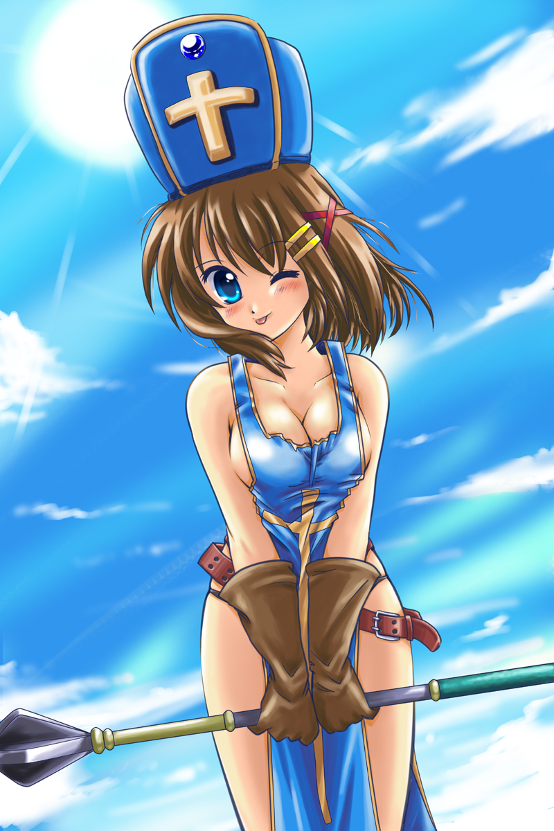1girl, :p, ;p, bad_id, blue_eyes, breasts, brown_hair, chunsoft