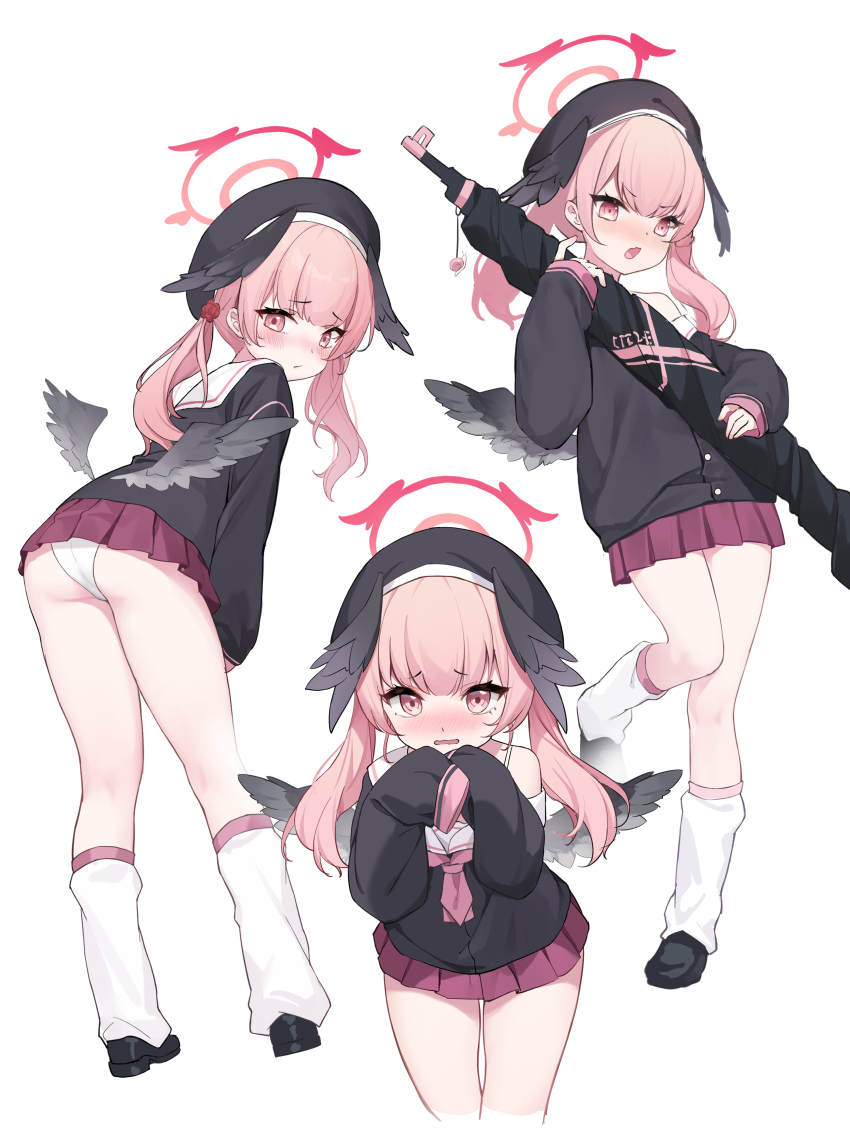 1girl, absurdres, ass, beret, black_footwear, black_headwear, black_shirt, black_wings