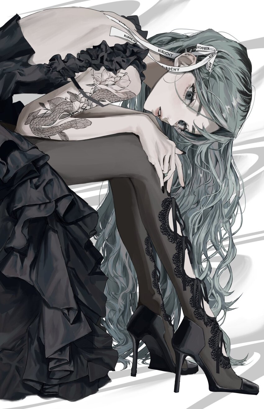 1girl, aqua_hair, arm_tattoo, artist_name, back, backless_dress, backless_outfit, bent_over