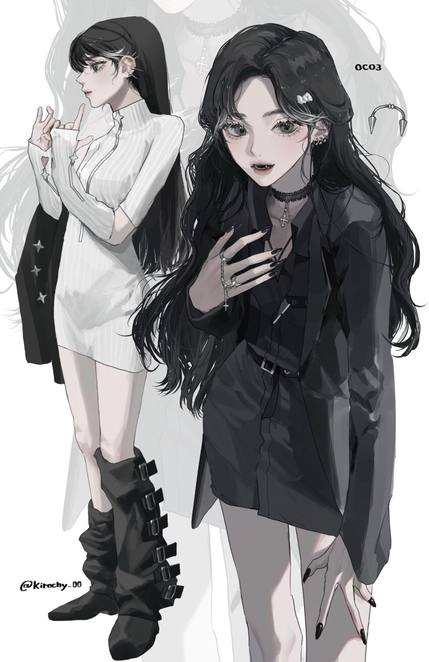 1girl, arm_warmers, belt, black_belt, black_choker, black_coat, black_eyes, black_footwear, black_hair, black_leg_warmers, black_nails, black_shirt, black_skirt, bow, chain, choker, closed_mouth, coat, cross, dress, ear_piercing, fangs, feet_out_of_frame, full_body, hair_bow, hand_up, hands_up, highres, jewelry, kirochy, leg_warmers, long_hair, long_sleeves, looking_at_viewer, multiple_rings, multiple_views, nail_polish, no_shoes, open_clothes, open_coat, original, parted_hair, parted_lips, piercing, ring, shirt, short_dress, short_sleeves, skirt, spike_piercing, standing, straight_hair, twitter_username, white_arm_warmers, white_background, white_bow, white_dress, zipper, zipper_pull_tab, zoom_layer