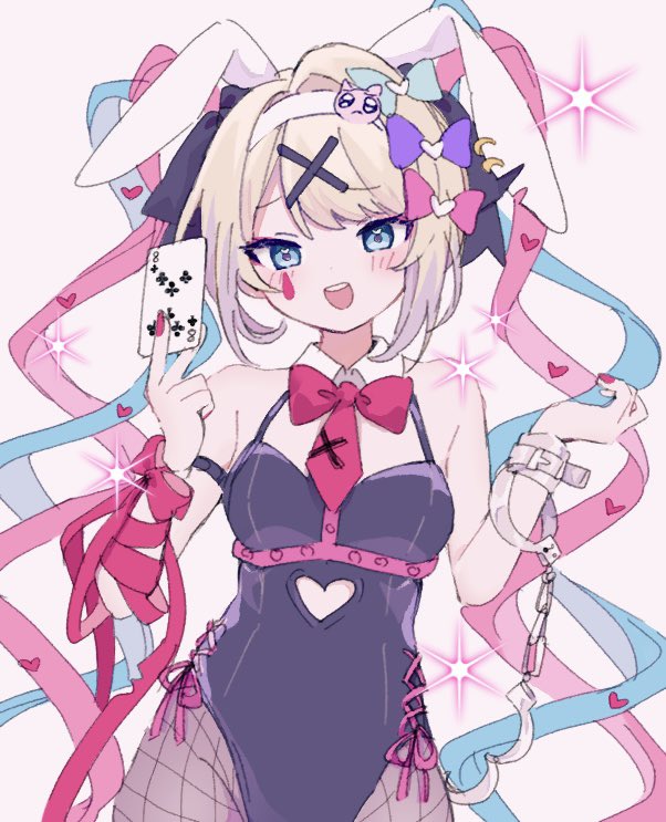 1girl, :d, animal_ears, bare_shoulders, black_leotard, black_pantyhose, blonde_hair, blue_eyes, blush, bow, bowtie, breasts, broken_handcuffs, card, chouzetsusaikawa_tenshi-chan, clothing_cutout, collarbone, cowboy_shot, cuffs, detached_collar, facial_mark, fake_animal_ears, fishnet_pantyhose, fishnets, hair_between_eyes, hair_intakes, handcuffs, heart_cutout, highleg, highleg_leotard, holding, holding_card, kabe_(zp66104), large_breasts, leotard, long_hair, looking_at_viewer, nail_polish, needy_girl_overdose, open_mouth, pantyhose, pink_bow, pink_bowtie, playing_card, rabbit_ears, rabbit_hole_(vocaloid), red_nails, sidelocks, simple_background, smile, solo, stomach_cutout, teardrop_facial_mark, twintails, vocaloid, white_background