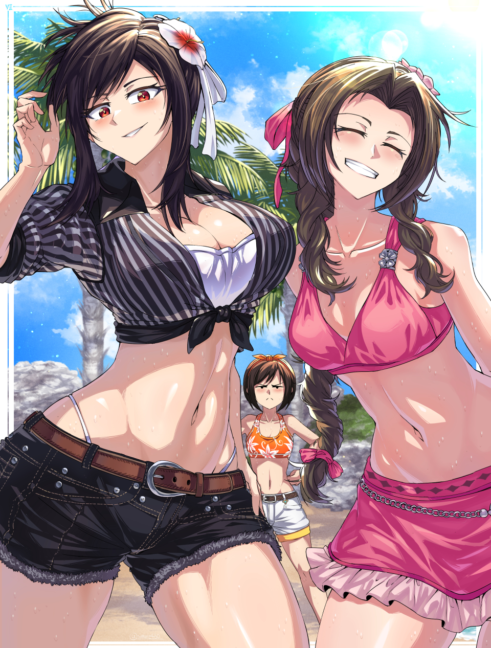 3girls, aerith_gainsborough, aerith_gainsborough_(floral_delight), aerith_gainsborough_(pink_mermaid), bare_shoulders, belt, belt_buckle, bikini