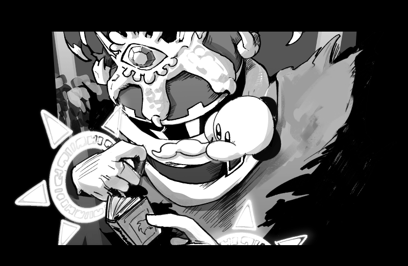 bel_(doting123), book, commentary_request, crown, fake_facial_hair, fake_mustache, greyscale, holding