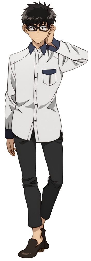 1boy, akiyama_akihito, black_eyes, black_hair, black_pants, closed_mouth, glasses, hand_up