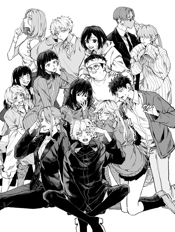 4boys, 6+girls, akiyama_akihito, azami_(yofukashi_no_uta), black_hair, blonde_hair, breasts, closed_mouth