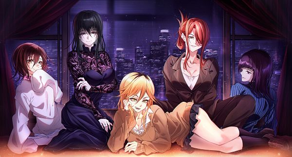 5girls, black_dress, black_eyes, black_hair, black_jacket, black_pants, black_skirt, black_socks