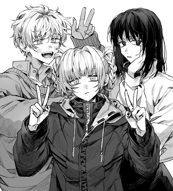 1boy, 2girls, black_dress, black_hair, black_sweater, blonde_hair, blush, closed_mouth, dress, greyscale, hands_up, honda_kabura, long_hair, messy_hair, monochrome, multiple_girls, nanakusa_haruka, nanakusa_nazuna_(yofukashi_no_uta), open_mouth, pink_hair, serious, shirt, simple_background, smile, sweater, v, very_long_hair, white_background, white_shirt, yofukashi_no_uta