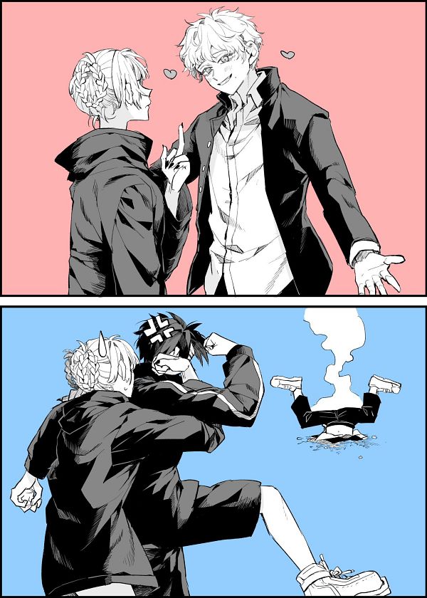 1girl, 2boys, angry, black_hair, black_jacket, black_shorts, black_sweater, blonde_hair