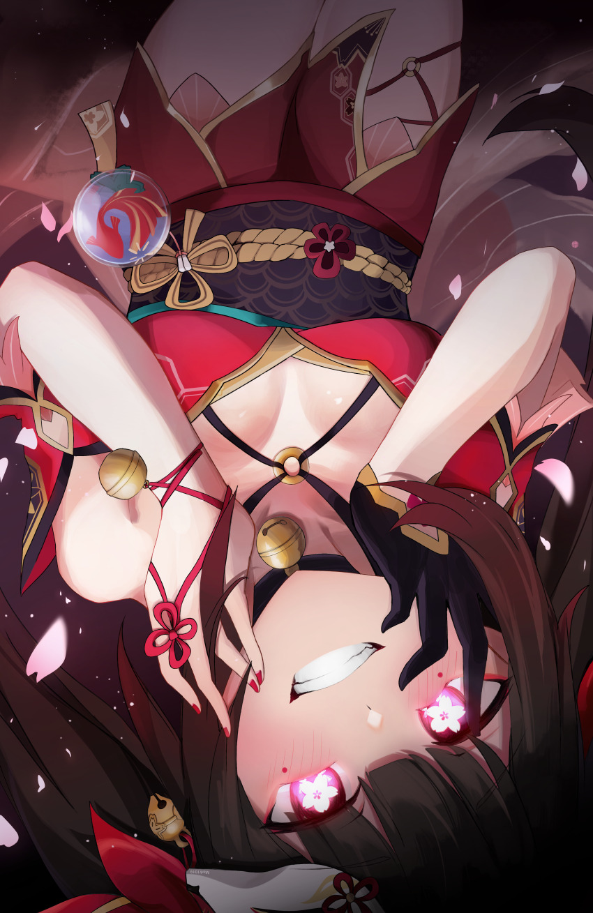 1girl, absurdres, bell, black_choker, black_gloves, black_hair, black_sash, blunt_bangs