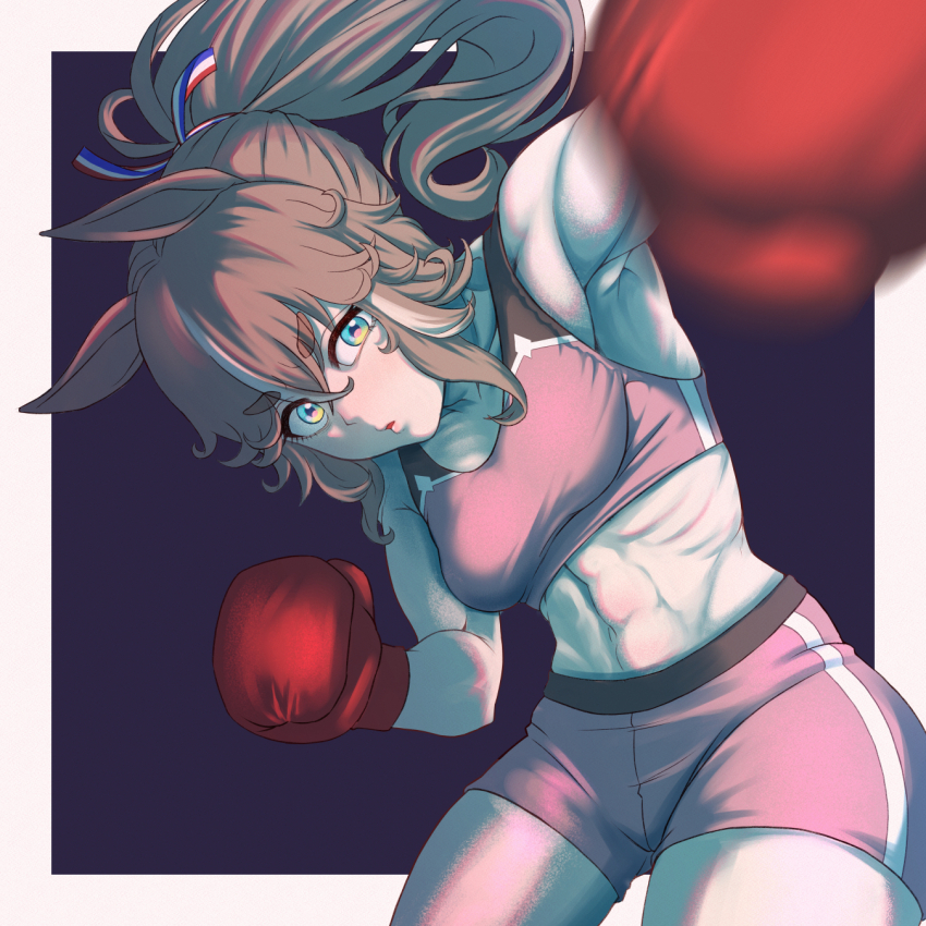1girl, abs, alternate_hairstyle, animal_ears, blue_eyes, boxing, boxing_gloves, breasts
