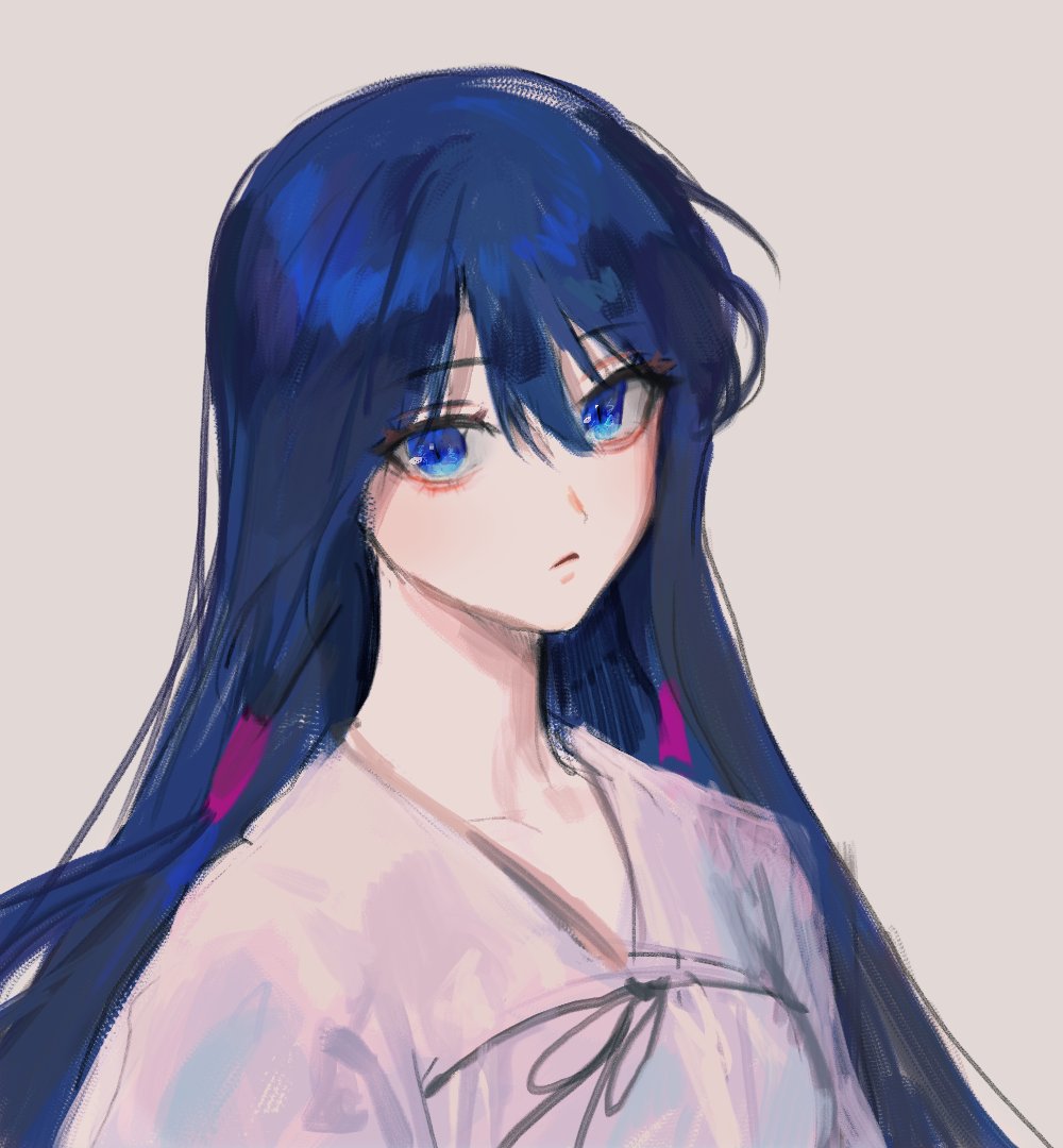 1girl, akatsuki_no_yona, an_lili, bad_id, bad_twitter_id, blue_eyes, blue_hair, close-up, closed_mouth, commentary_request, dress, eyelashes, hair_between_eyes, hair_tubes, hanbok, korean_clothes, korean_commentary, long_hair, looking_at_viewer, loose_hair_strand, purple_background, ribbon, simple_background, solo, upper_body, very_long_hair, yona_hyeon