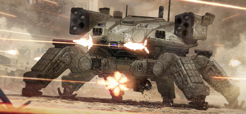 4boys, absurdres, animal-themed_vehicle, assault_rifle, battle, ben_mauro, desert, dust, firing, gatling_gun, gun, highres, machine_gun, mecha, mecha_focus, military_uniform, multiple_boys, original, reactive_armor, rifle, robot, science_fiction, shell_casing, walker_(robot), weapon