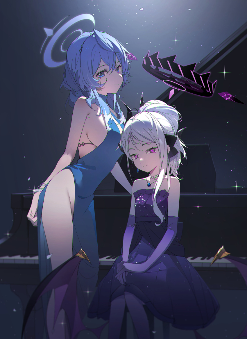 2girls, absurdres, ako_(blue_archive), ako_(dress)_(blue_archive), bare_shoulders, black_halo, black_horns, blue_archive