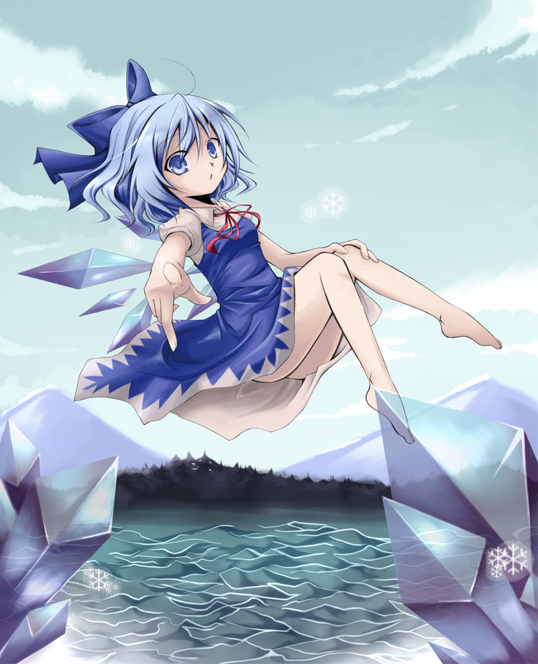 1girl, barefoot, blue_eyes, blue_hair, bow, cirno, dress, feet, female_focus, flying, hair_bow, ice, lake, matching_hair/eyes, nekomoto, pointing, short_hair, snowflakes, solo, touhou, water, wings