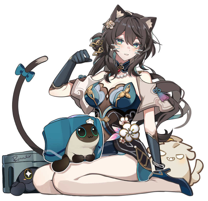 1girl, absurdres, animal_ears, animalization, arm_up, bead_necklace, beads, blush