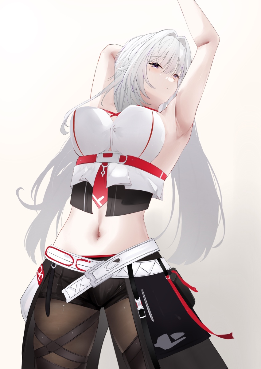 1girl, absurdres, arm_up, armpits, belt, bike_shorts, blue_eyes, breasts