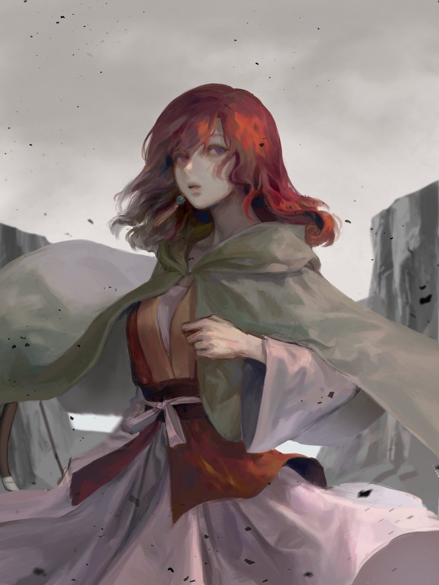 1girl, akatsuki_no_yona, arm_up, ashes, bad_id, bad_twitter_id, belt, cape