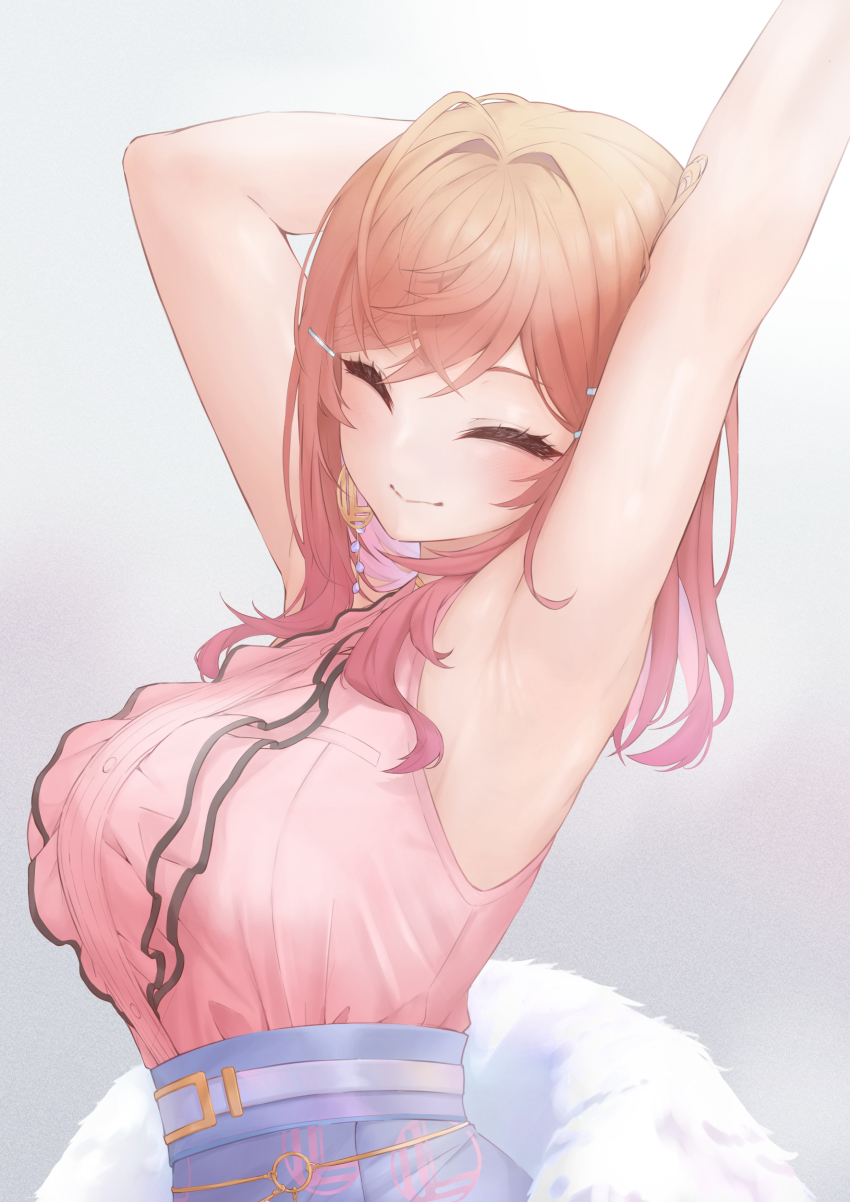 1girl, ^_^, a9_(repainter), absurdres, arm_behind_head, armpits, arms_up, belt, belt_buckle, blue_skirt, blush, breast_pocket, breasts, buckle, buttons, center_frills, closed_eyes, closed_mouth, commentary, crossed_bangs, earrings, eyelashes, frilled_shirt, frills, fur_trim, gold_earrings, gradient_background, gradient_hair, grey_background, hair_between_eyes, hair_intakes, hair_ornament, hairclip, high-waist_skirt, highres, hololive, hololive_dev_is, ichijou_ririka, ichijou_ririka_(1st_costume), jewelry, large_breasts, long_hair, multicolored_hair, orange_hair, pink_hair, pink_shirt, pocket, shirt, sidelocks, simple_background, single_earring, skirt, sleeveless, sleeveless_shirt, smile, solo, stretching, untranslatable_commentary, virtual_youtuber, white_background, white_belt