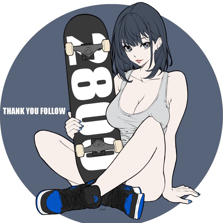 1girl, bambi_surprise, black_eyes, black_hair, blue_nails, breasts, bright_pupils, collarbone