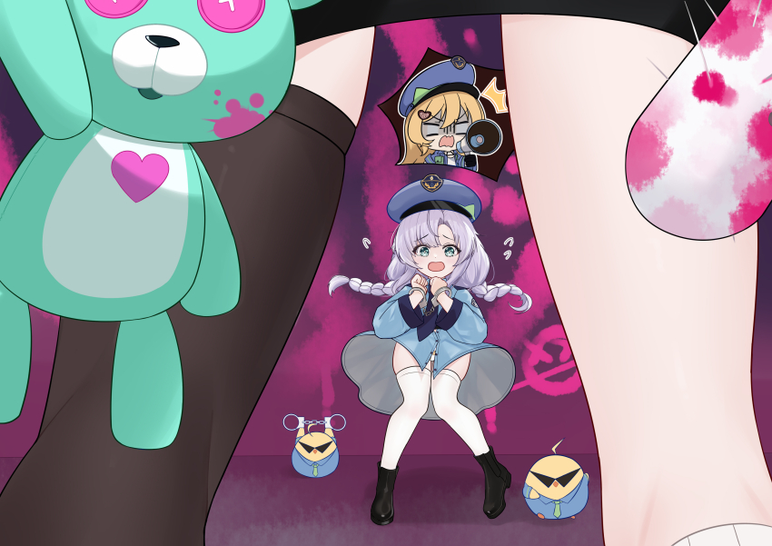 3girls, ^^^, abercrombie_(azur_lane), abercrombie_(hot_on_your_trail)_(azur_lane), absurdres, azur_lane, baby_animal, bird, black_footwear, black_thighhighs, blonde_hair, blue_headwear, braid, chick, cuffs, flying_sweatdrops, green_eyes, hands_up, hat, highres, holding, holding_megaphone, long_hair, manjuu_(azur_lane), megaphone, multiple_girls, official_alternate_costume, ognevoy_(azur_lane), ognevoy_(blue_nova)_(azur_lane), panties, panty_peek, peaked_cap, police, police_uniform, shaded_face, stuffed_animal, stuffed_toy, svirepy_(azur_lane), svirepy_(rebellious_artist)_(azur_lane), teddy_bear, thighhighs, twin_braids, underwear, white_hair, white_panties, white_thighhighs, xin_sanmu