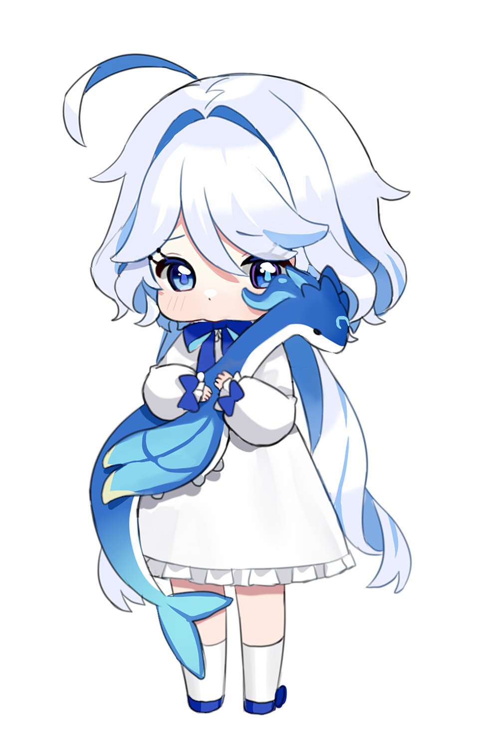 1girl, ahoge, animal, animal_hug, blue_eyes, blue_ribbon, blue_shoes, blush