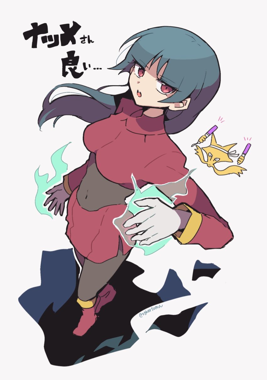 1girl, alakazam, black_bodysuit, blue_hair, blunt_bangs, bodysuit, bodysuit_under_clothes, breasts, colored_skin, crop_top, cropped_jacket, dark_blue_hair, gen_1_pokemon, gloves, highres, hime_cut, jacket, large_breasts, long_hair, long_sleeves, medium_breasts, nintendo, nojima_minami, pantyhose, pencil_skirt, pokemon, pokemon_(creature), pokemon_firered_and_leafgreen, red_eyes, red_jacket, red_skirt, sabrina_(pokemon), side_slit, skirt, solo, telekinesis, turtleneck, turtleneck_jacket, white_gloves, yellow_skin