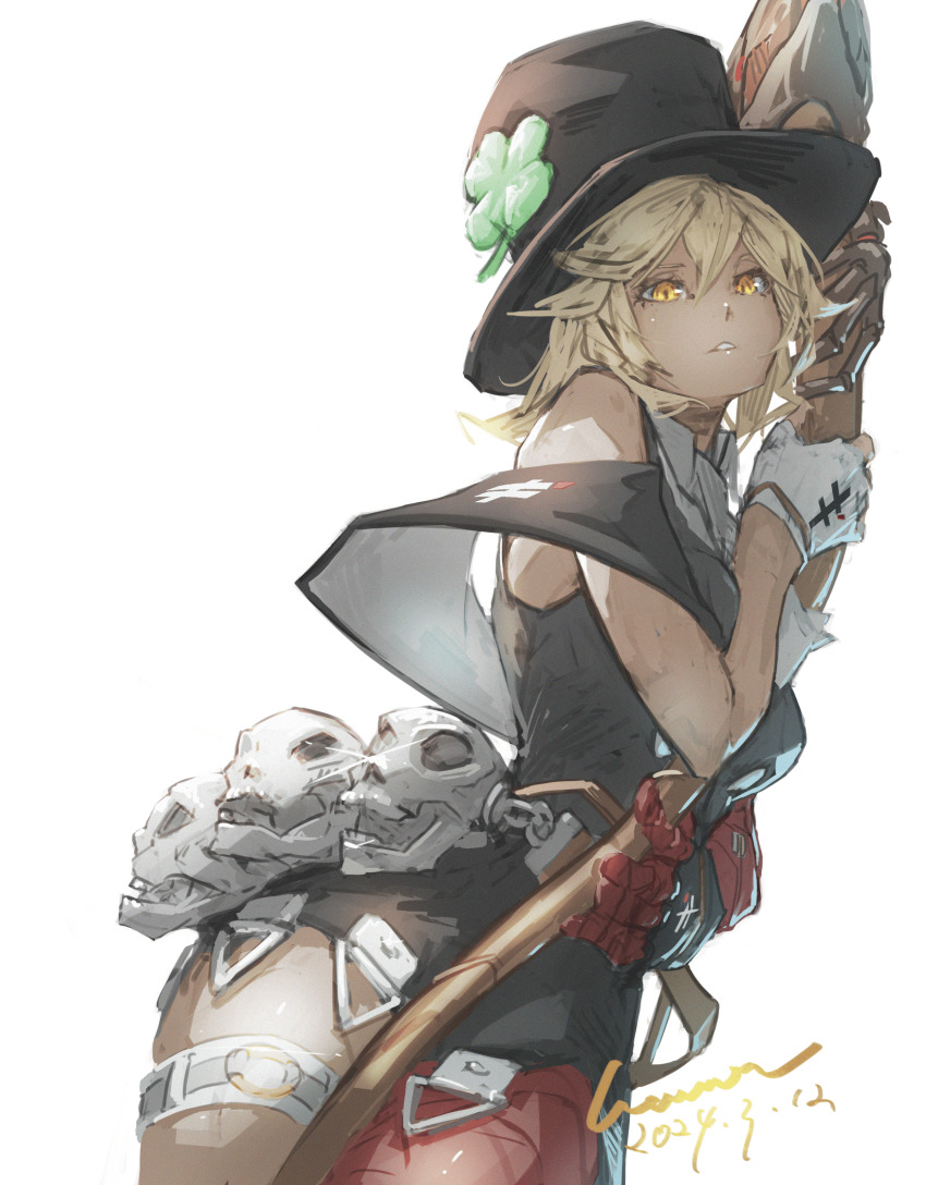 1girl, absurdres, black_dress, black_hat, blonde_hair, cosplay, dark-skinned_female, dark_skin