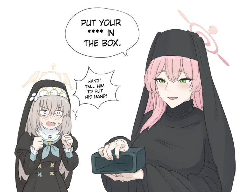 2girls, black_dress, blue_archive, blue_neckerchief, blush, box, brown_hair, commentary