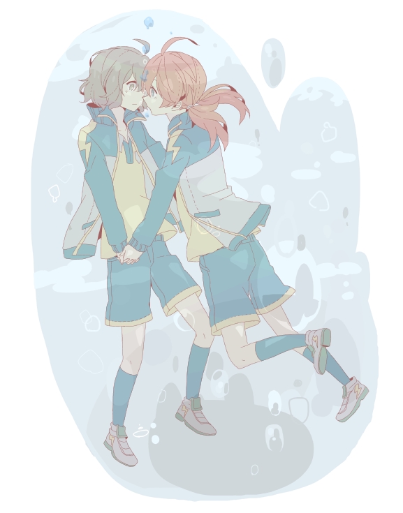 2boys, ai_ne_ko, air_bubble, androgynous, blue_eyes, border, brown_hair, bubble