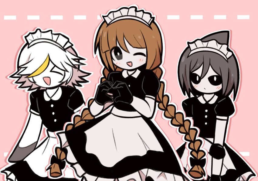 >_<, 3girls, alternate_costume, animal_hands, apron, black_bow, black_dress, black_gloves, black_sclera, blonde_hair, bow, braid, brown_hair, buttons, collared_dress, colored_sclera, colored_skin, dolphi_(funamusea), dress, fins, funamusea, gloves, grey_eyes, grey_hair, hair_bow, hand_on_own_arm, head_fins, heart, heart_hands, highres, light_blush, maid, maid_apron, maid_headdress, memoca_(funamusea), multicolored_hair, multiple_girls, one_eye_closed, oounabara_to_wadanohara, open_mouth, orazamige, outline, patterned_background, pink_background, puffy_short_sleeves, puffy_sleeves, short_hair, short_sleeves, smile, streaked_hair, triangle_mouth, twin_braids, wadanohara, white_eyes, white_hair, white_outline, white_skin