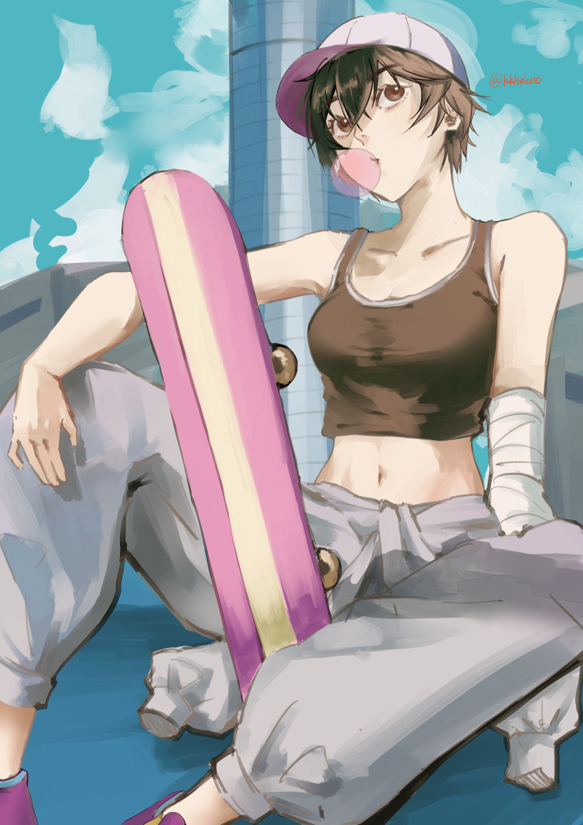 1girl, absurdres, artist_name, bandaged_arm, bandages, bare_shoulders, black_hair, black_tank_top, blowing_bubble_gum, blowing_bubbles, blue_sky, breasts, brown_eyes, building, chewing_gum, cleavage, clothes_around_waist, cloud, collarbone, commentary, cropped_shirt, feet_out_of_frame, hair_between_eyes, hand_on_own_knee, highres, holding, holding_skateboard, jacket, jacket_around_waist, kanbaru_suruga, kkheicho, knee_up, looking_up, medium_breasts, midriff, monogatari_(series), navel, on_ground, outdoors, pants, puffy_pants, purple_headwear, purple_shoes, shoes, short_hair, signature, sitting, skateboard, sky, sleeveless, sneakers, solo, tank_top, tomboy, twitter_username, two-tone_headwear, utility_pole, very_short_hair, white_headwear, white_jacket, white_pants
