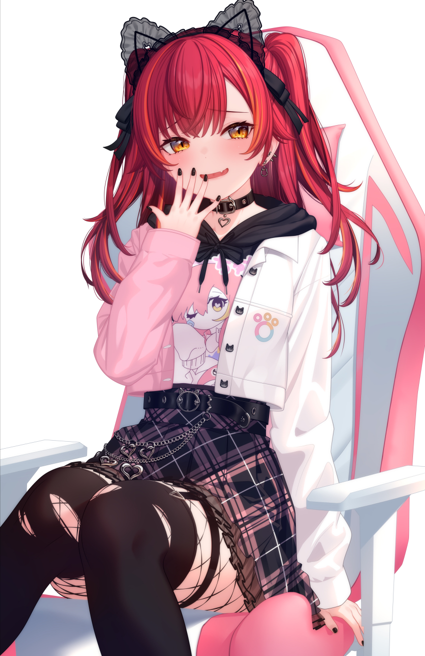 1girl, absurdres, animal_ears, belt, black_nails, cat_earrings, chair, choker