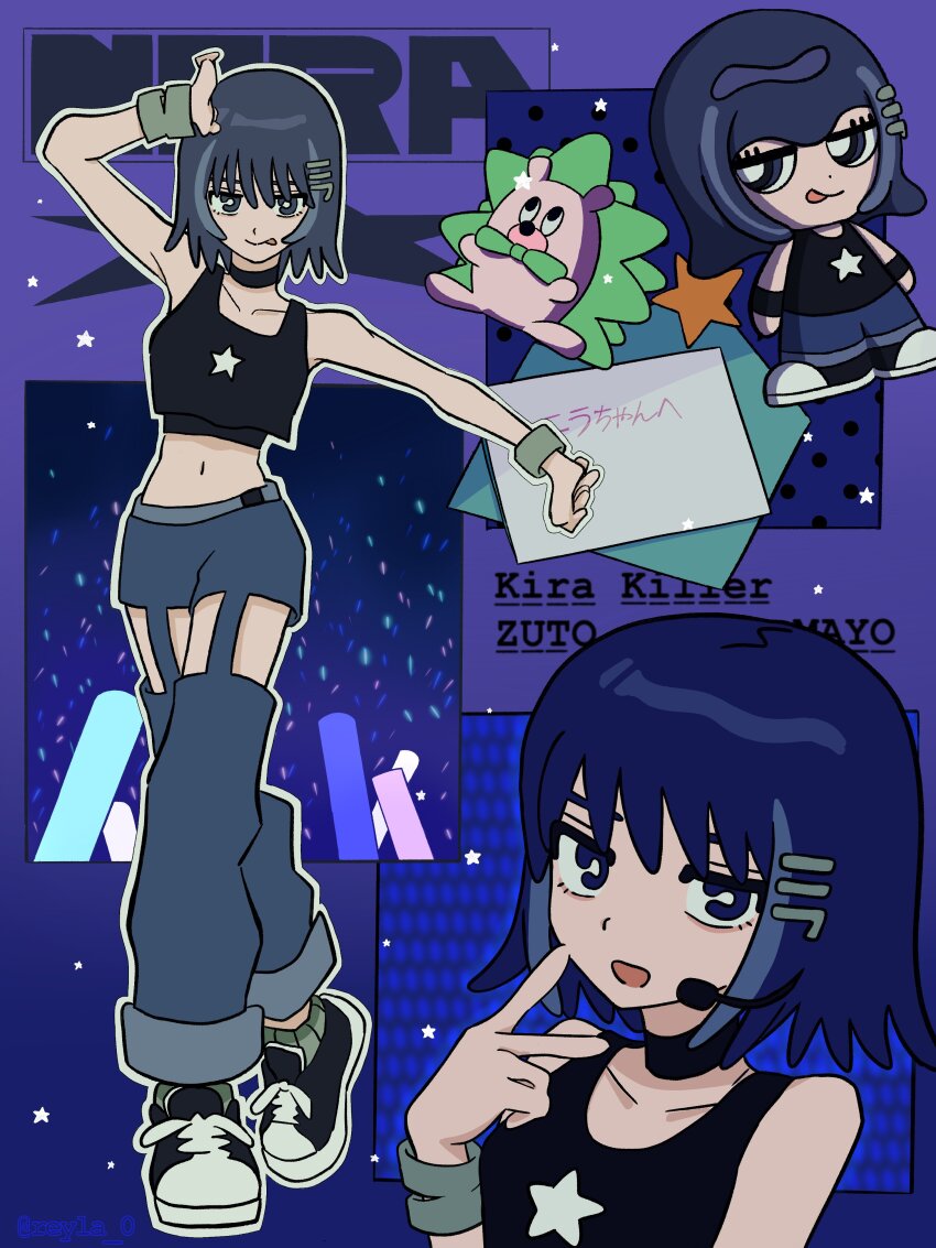 1girl, :p, absurdres, ankle_socks, arms_at_sides, artist_name, bare_shoulders, black_choker, black_footwear, black_tank_top, blue_background, blue_eyes, blue_hair, blue_pants, bob_cut, breasts, bright_pupils, character_name, chibi, chibi_inset, choker, clothing_cutout, collarbone, commentary, copyright_name, crop_top, denim, glowstick, green_socks, hair_ornament, hairclip, hand_on_own_face, hand_on_own_head, headset, highres, jeans, jitome, leg_cutout, looking_at_viewer, microphone, midriff, multicolored_hair, multiple_views, navel, nira-chan, outstretched_arm, pants, polka_dot, polka_dot_background, purple_background, reyla_0, shoes, short_hair, small_breasts, sneakers, socks, solo_focus, star_(symbol), star_print, streaked_hair, stuffed_animal, stuffed_toy, tank_top, tongue, tongue_out, translated, twitter_username, v, white_pupils, zutto_mayonaka_de_ii_no_ni