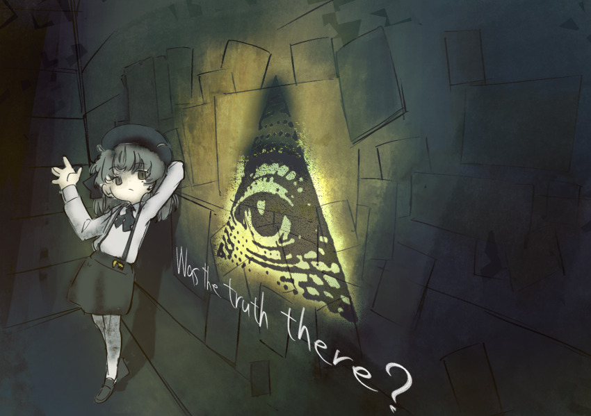 1girl, arm_behind_head, arm_up, beret, black_hat, black_ribbon, black_shoes, black_skirt