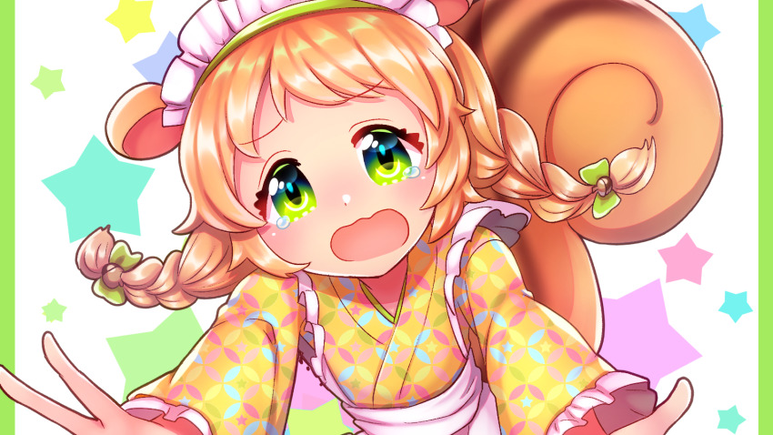 1girl, :o, animal_ears, braid, brown_hair, crying, crying_with_eyes_open, green_eyes